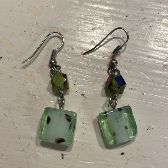 2” silver tone dangle drop earrings with teal green resin dice dangles on wires - Picture 10 of 12